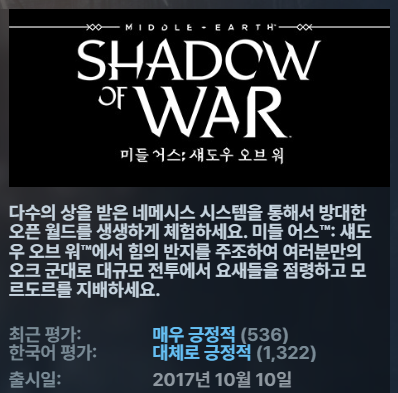 [한글무설치액션RPG] 최신업뎃 미들어스 섀도우 오브워 ver1.21 ALL DLC