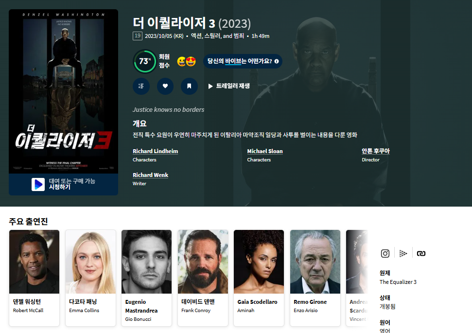 [큐레이터] 덴젤 워싱턴 무관용 액션 시리즈 3..