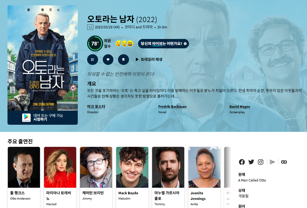 톰 행크스 꼬인 인생 코미디 [오토라는 남자] ..