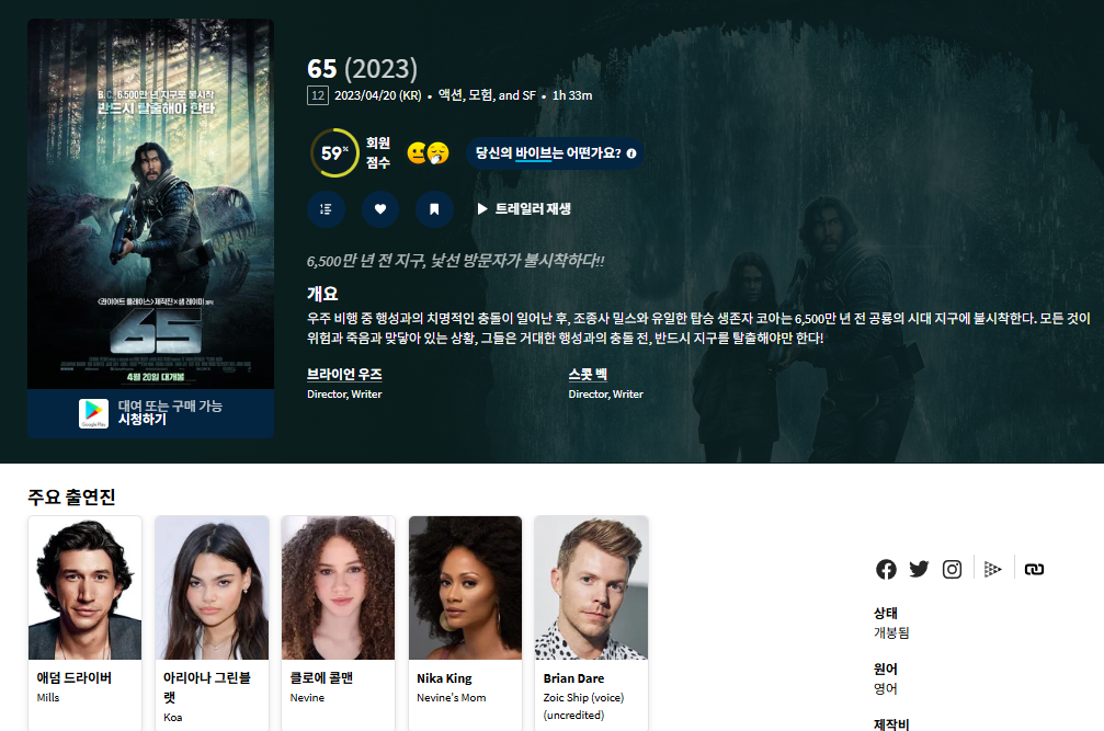 아담 드라이버 SF 공룡 [65백만년 전]